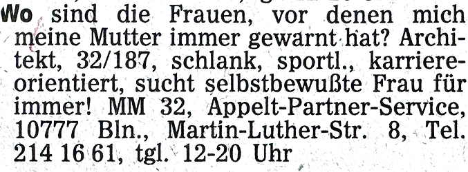 Historische Kontaktanzeige aus dem Christa-Appelt-Archiv